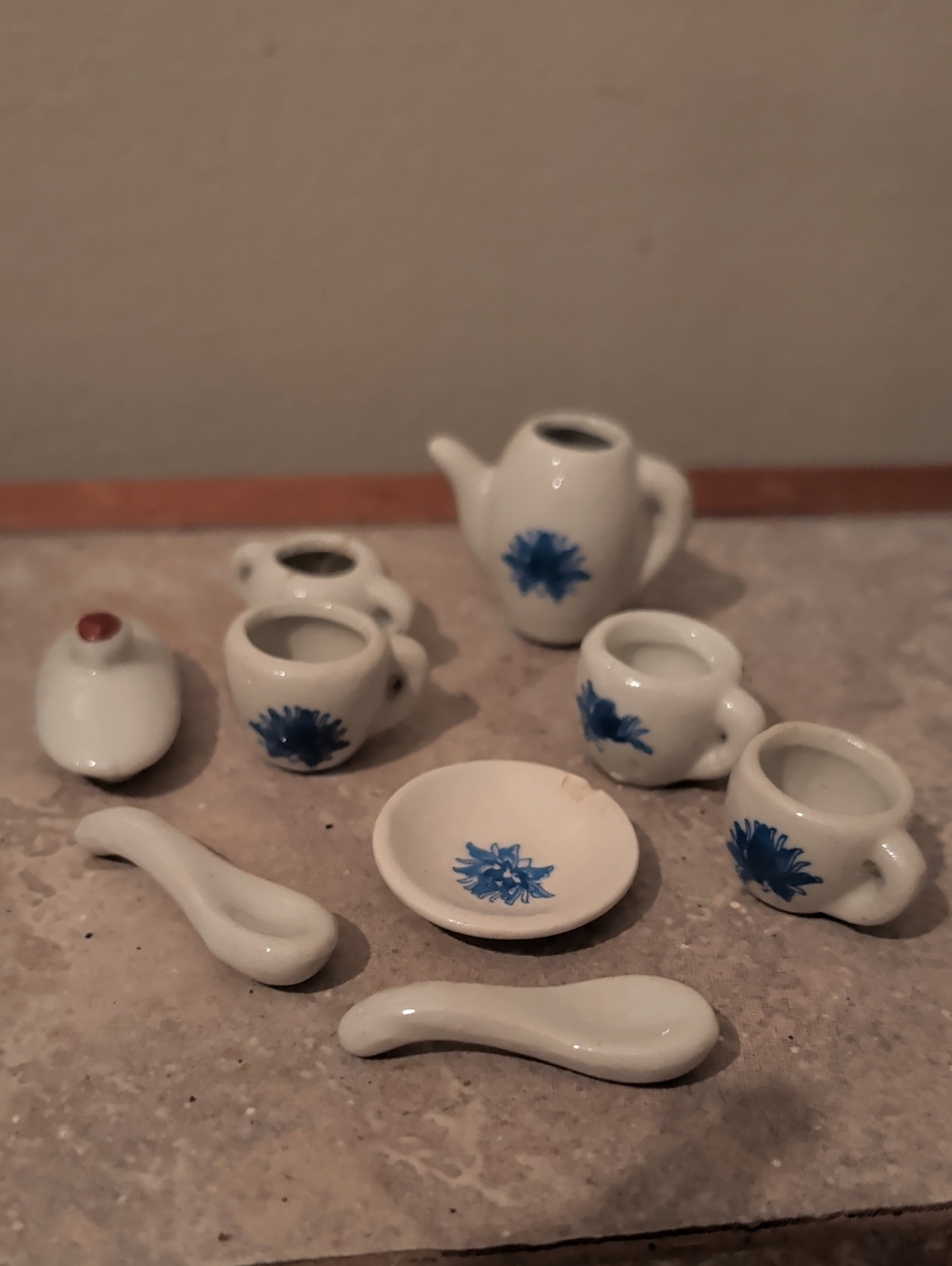 Vintage White Ceramic Miniature Tea Set Doll House Blue Floral
